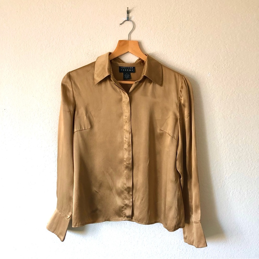SPENSER JEREMY 100% Champagne Gold Silk Long Sleeve Blouse - women’s 6